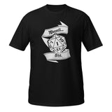 A black short-sleeve crewneck t-shirt featuring a white graphic print of a 20-sided die with the text 'Weeeell Shit'