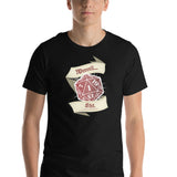 A man wearing a black short-sleeve t-shirt with a graphic of a red 20-sided die and cream banners reading 'Weeeell... Shit.'