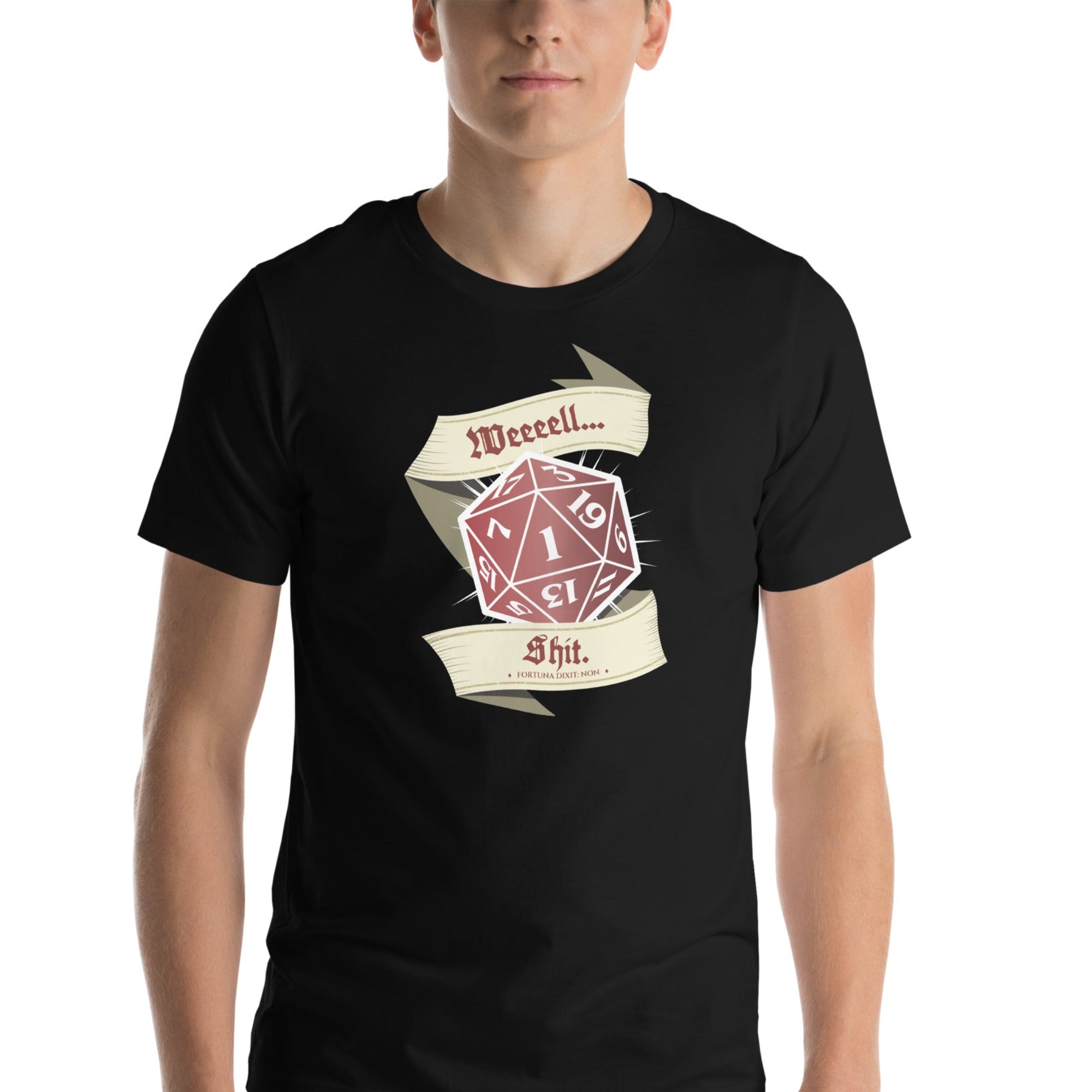 A man wearing a black short-sleeve t-shirt with a graphic of a red 20-sided die and cream banners reading 'Weeeell... Shit.'