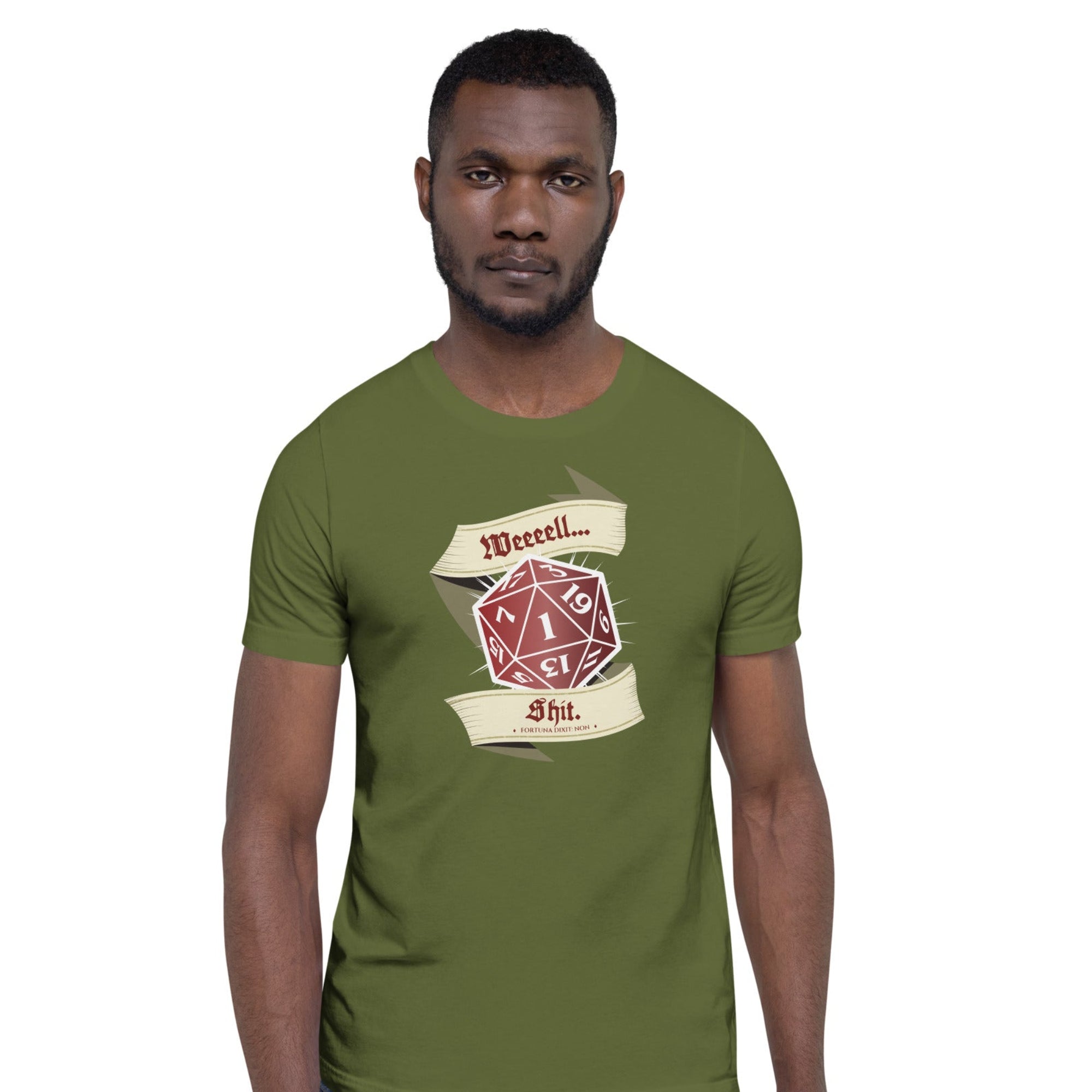 A man wearing an olive green t-shirt with a red D20 showing a natural 1 graphic print that reads 'Weeeell... Shit.'