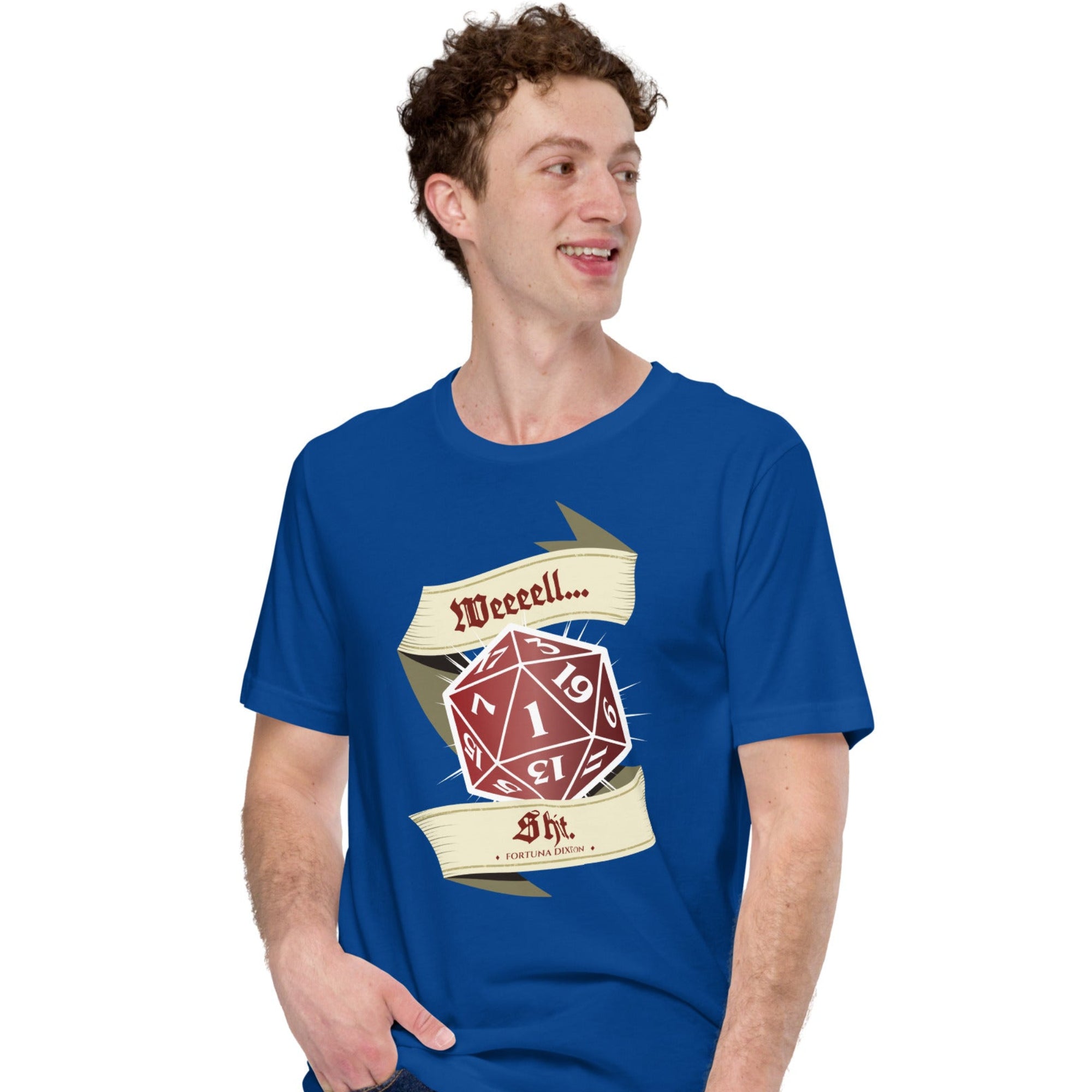 A man wearing a royal blue t-shirt with a graphic of a red 20-sided die and banners reading 'Weeeell... Shit.'