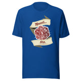 A royal blue short-sleeve t-shirt with a graphic on the chest featuring a red 20-sided die and cream banners reading 'Weeeell... Shit.'